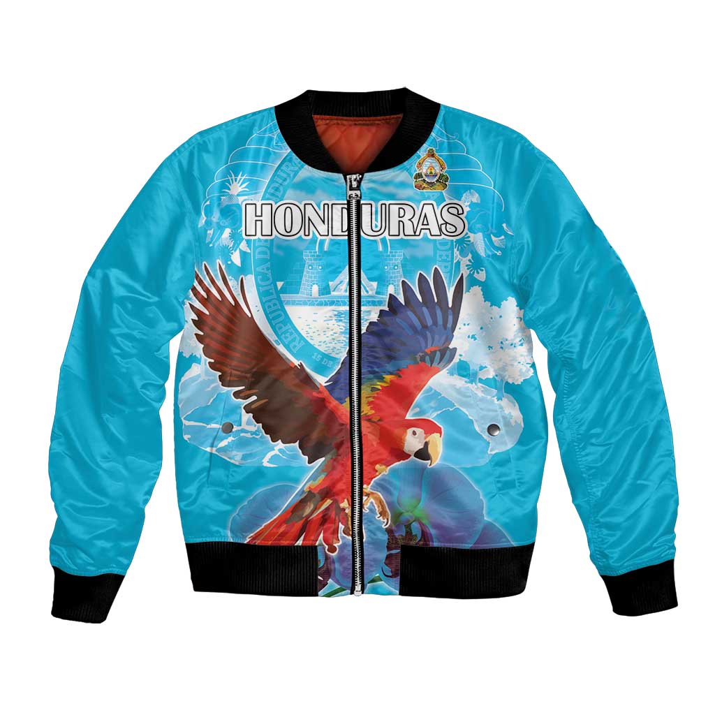 Blue bomber jacket with black rib trim, Honduras graphic and scarlet macaw front
