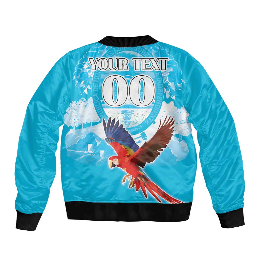 Blue bomber jacket with black rib trim, back graphic of scarlet macaw and 'YOUR TEXT 00'