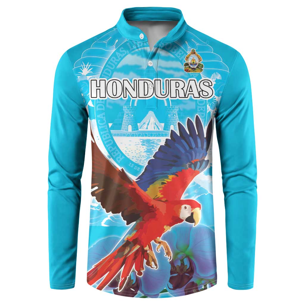 Turquoise button sweatshirt with Honduras logo and flying parrot graphic