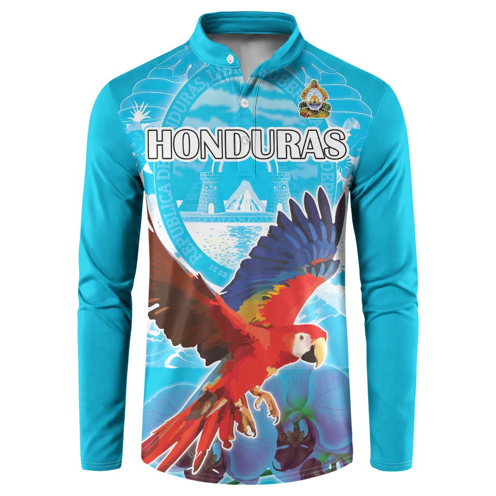 Custom Honduras Independence Day Button Sweatshirt Scarlet Macaw With Orchid Flower - Wonder Print Shop