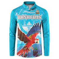 Turquoise button sweatshirt with Honduras logo and flying parrot graphic