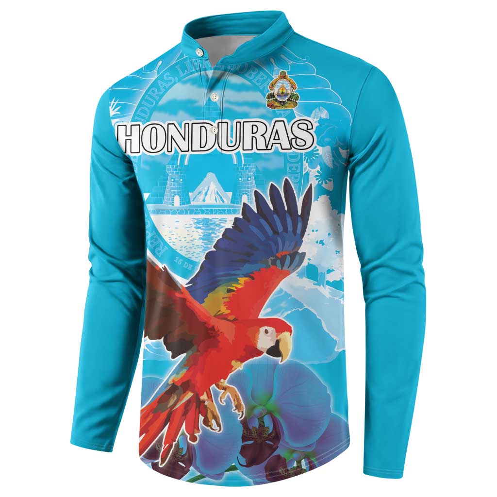 Turquoise button sweatshirt with Honduras graphic and flying parrot design