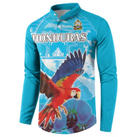 Turquoise button sweatshirt with Honduras graphic and flying parrot design