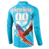 Turquoise button sweatshirt with back YOUR TEXT 00 and parrot design