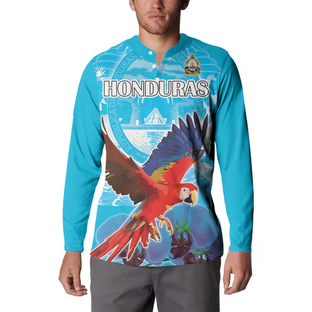Turquoise button sweatshirt with Honduras front graphic and flying parrot illustration