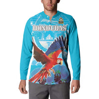 Turquoise button sweatshirt with Honduras front graphic and flying parrot illustration
