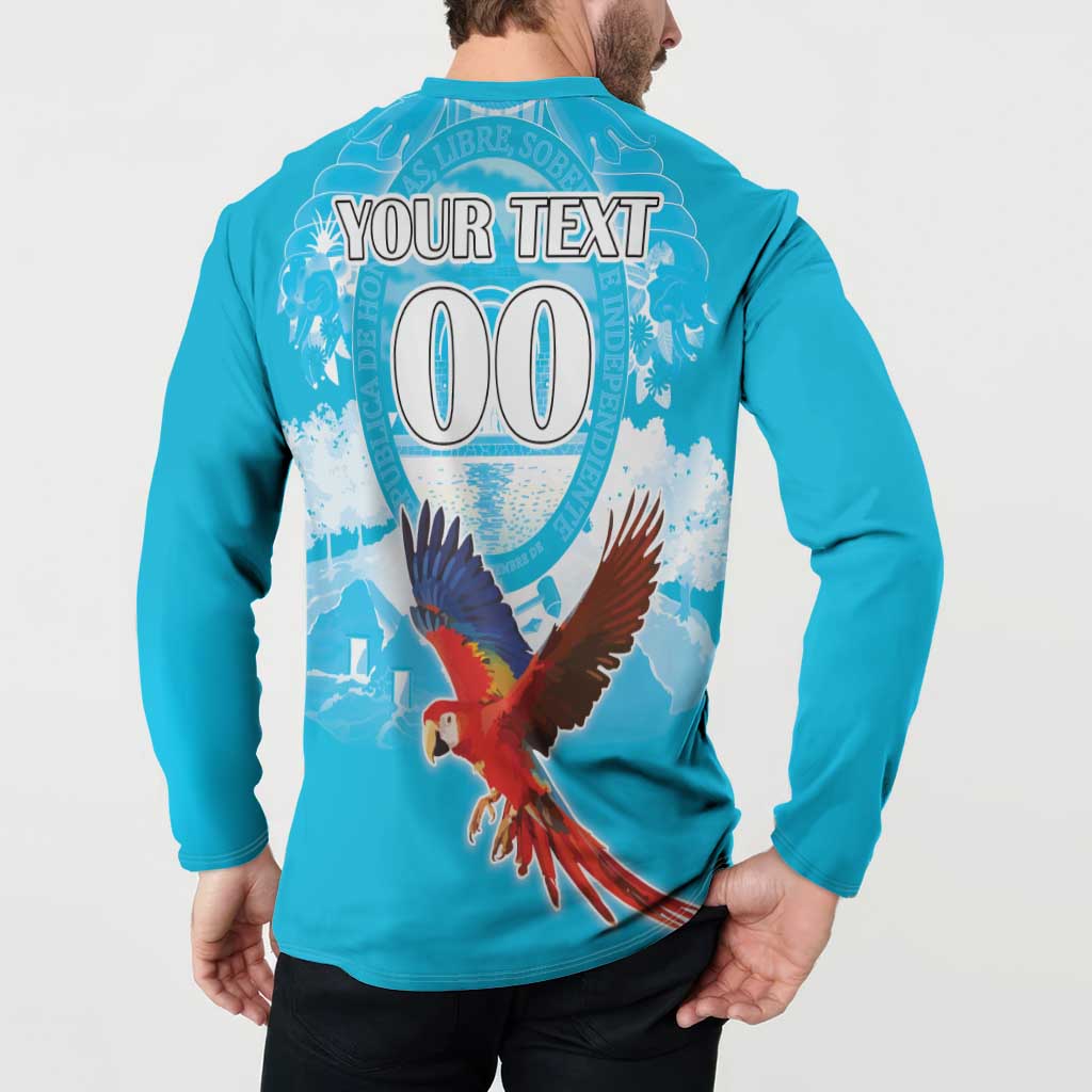 Turquoise button sweatshirt back showing YOUR TEXT 00 and flying parrot illustration