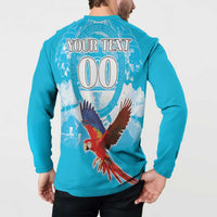 Turquoise button sweatshirt back showing YOUR TEXT 00 and flying parrot illustration