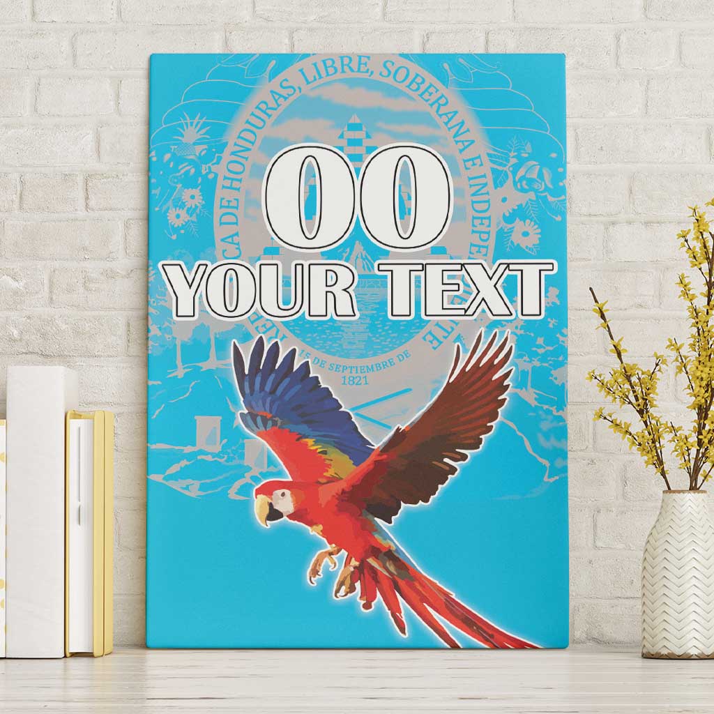 Blue canvas wall art with flying scarlet macaw and circular 00 your text design