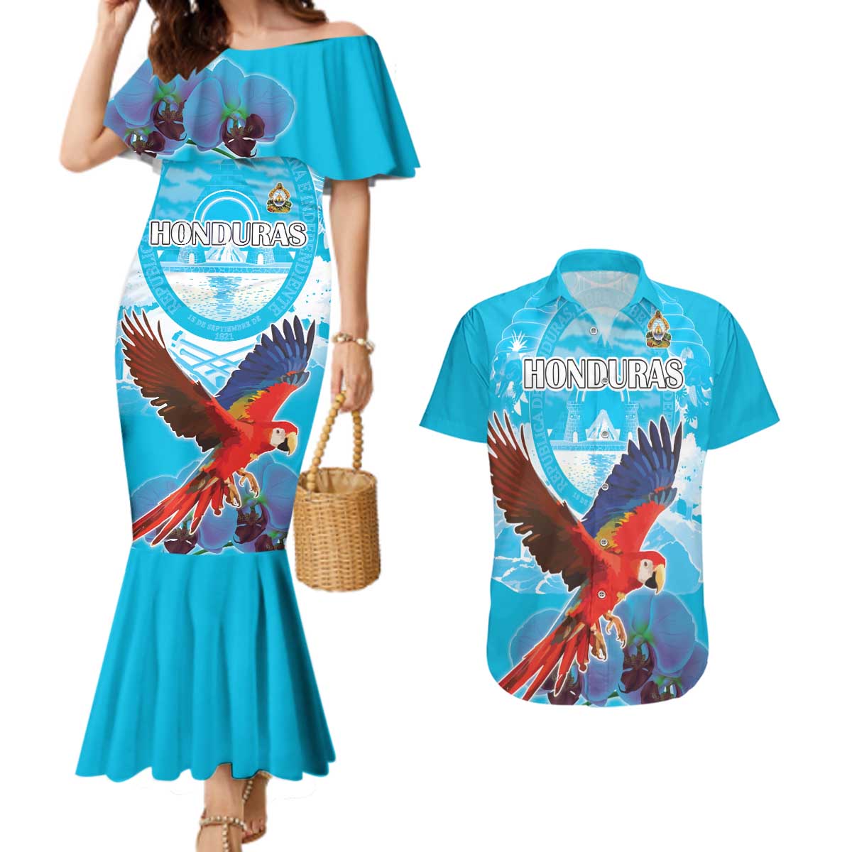 Custom Honduras Independence Day Couples Matching Mermaid Dress and Hawaiian Shirt Scarlet Macaw With Orchid Flower - Wonder Print Shop