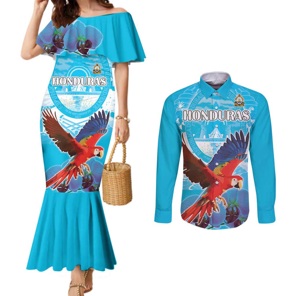 Custom Honduras Independence Day Couples Matching Mermaid Dress and Long Sleeve Button Shirt Scarlet Macaw With Orchid Flower