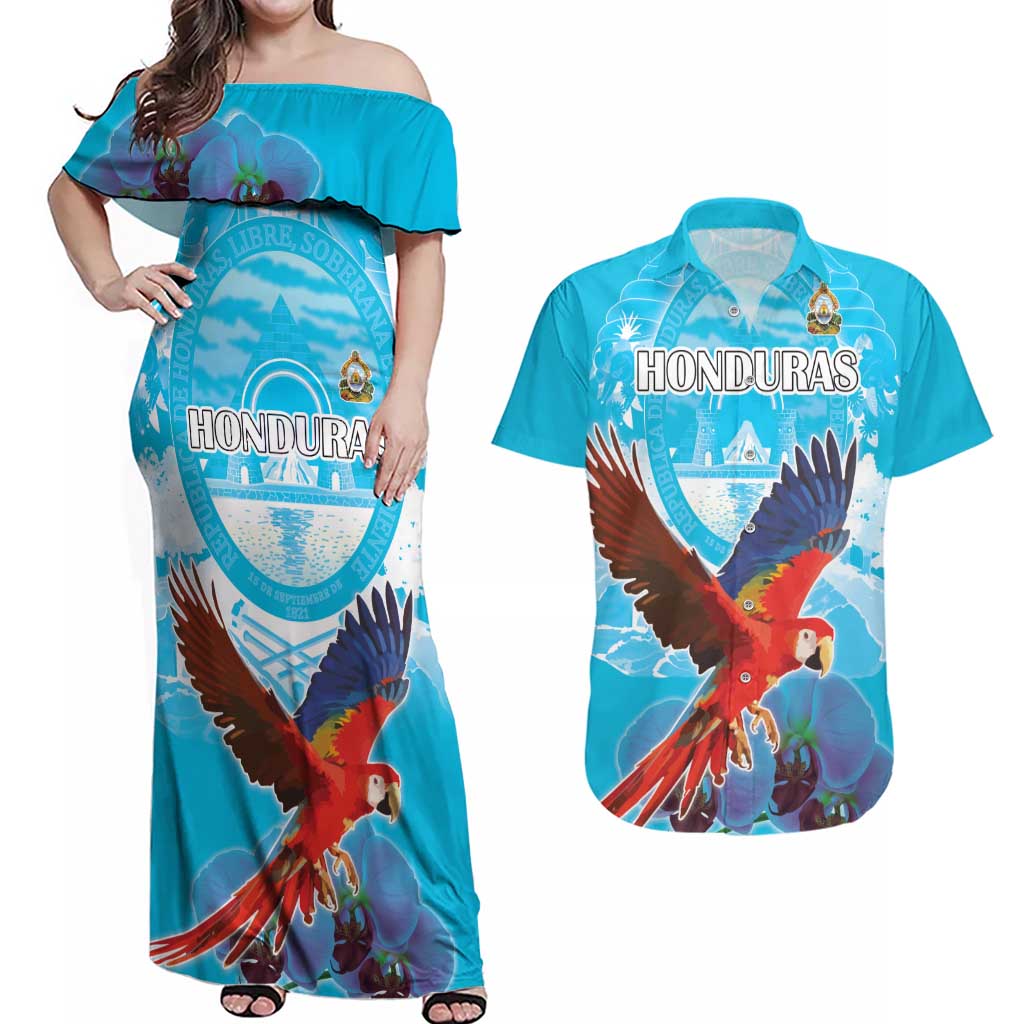 Custom Honduras Independence Day Couples Matching Off Shoulder Maxi Dress and Hawaiian Shirt Scarlet Macaw With Orchid Flower - Wonder Print Shop