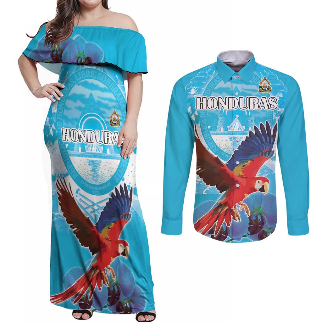 Custom Honduras Independence Day Couples Matching Off Shoulder Maxi Dress and Long Sleeve Button Shirt Scarlet Macaw With Orchid Flower - Wonder Print Shop