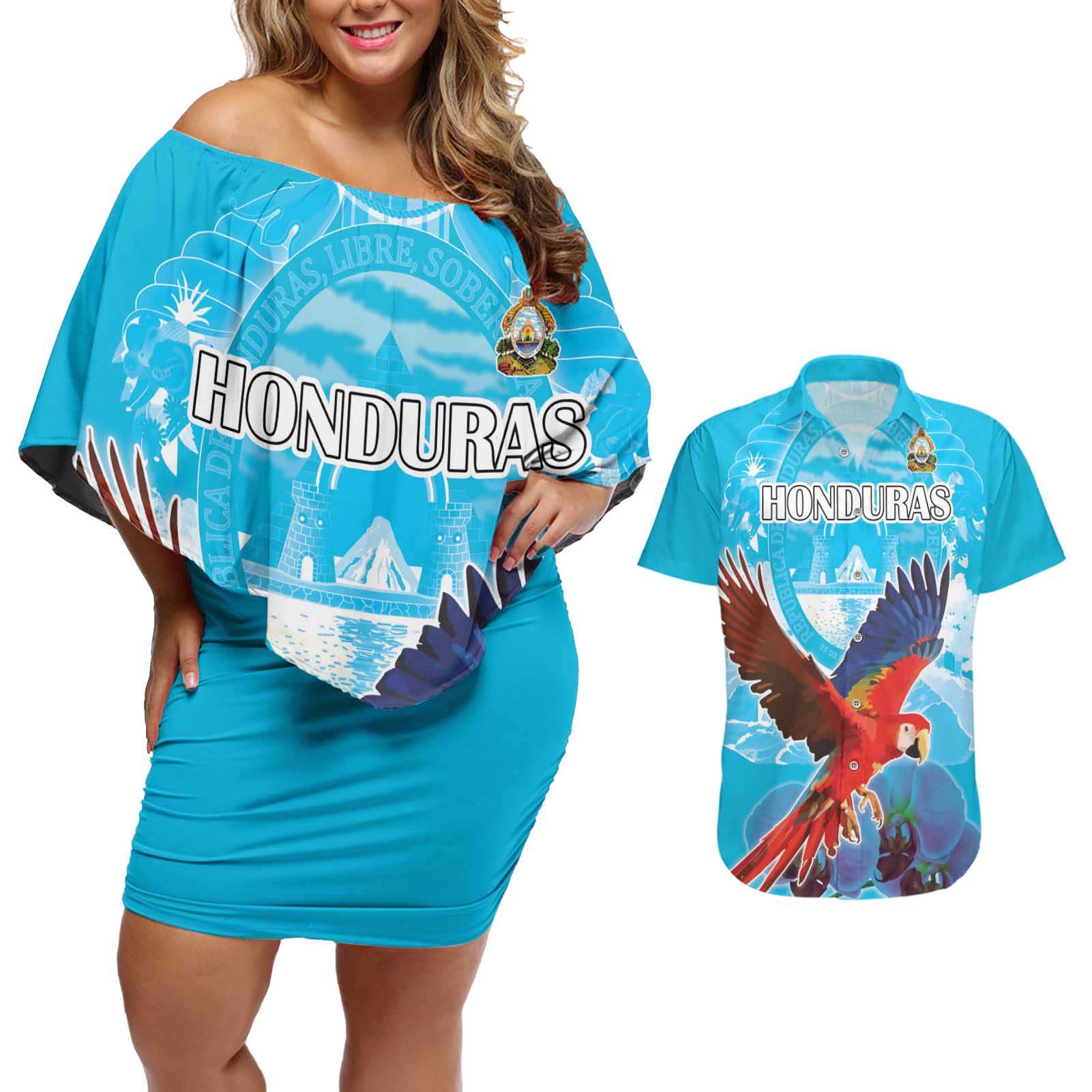 Custom Honduras Independence Day Couples Matching Off Shoulder Short Dress and Hawaiian Shirt Scarlet Macaw With Orchid Flower - Wonder Print Shop