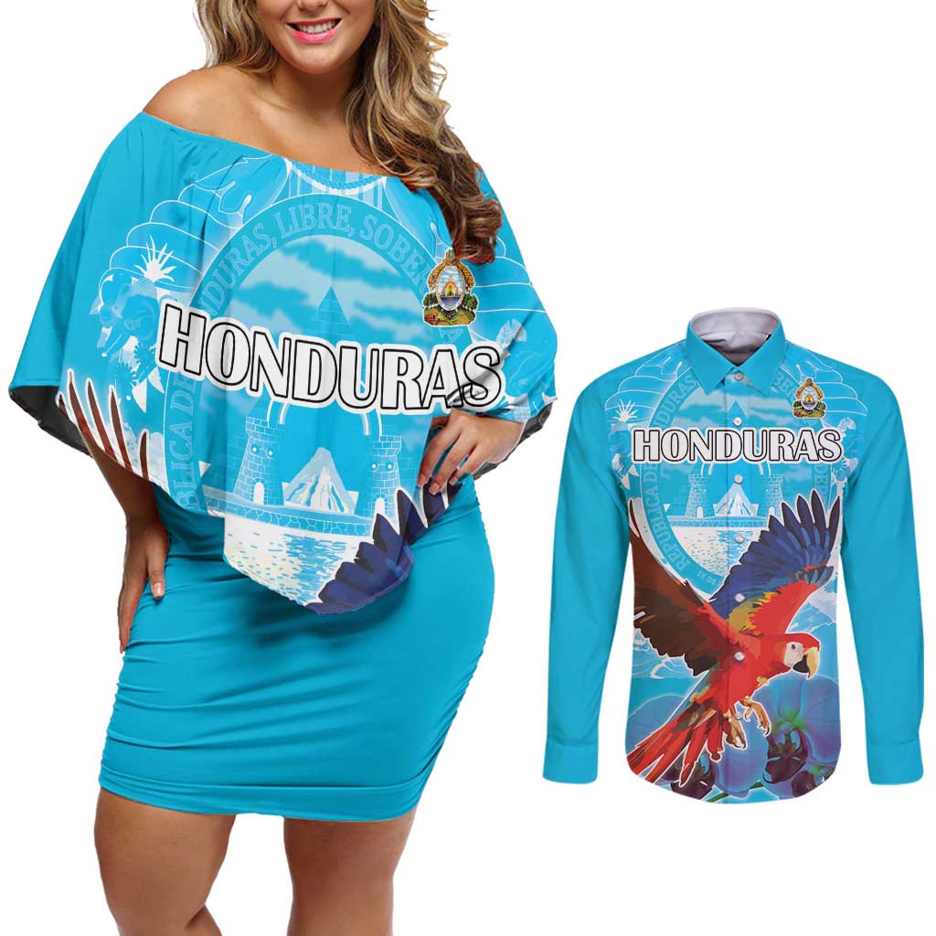 Custom Honduras Independence Day Couples Matching Off Shoulder Short Dress and Long Sleeve Button Shirt Scarlet Macaw With Orchid Flower - Wonder Print Shop