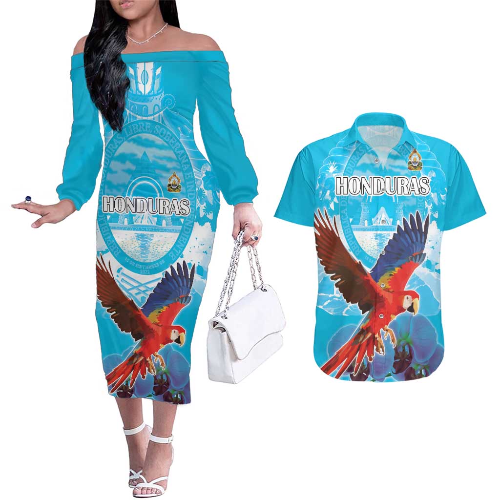 Custom Honduras Independence Day Couples Matching Off The Shoulder Long Sleeve Dress and Hawaiian Shirt Scarlet Macaw With Orchid Flower - Wonder Print Shop