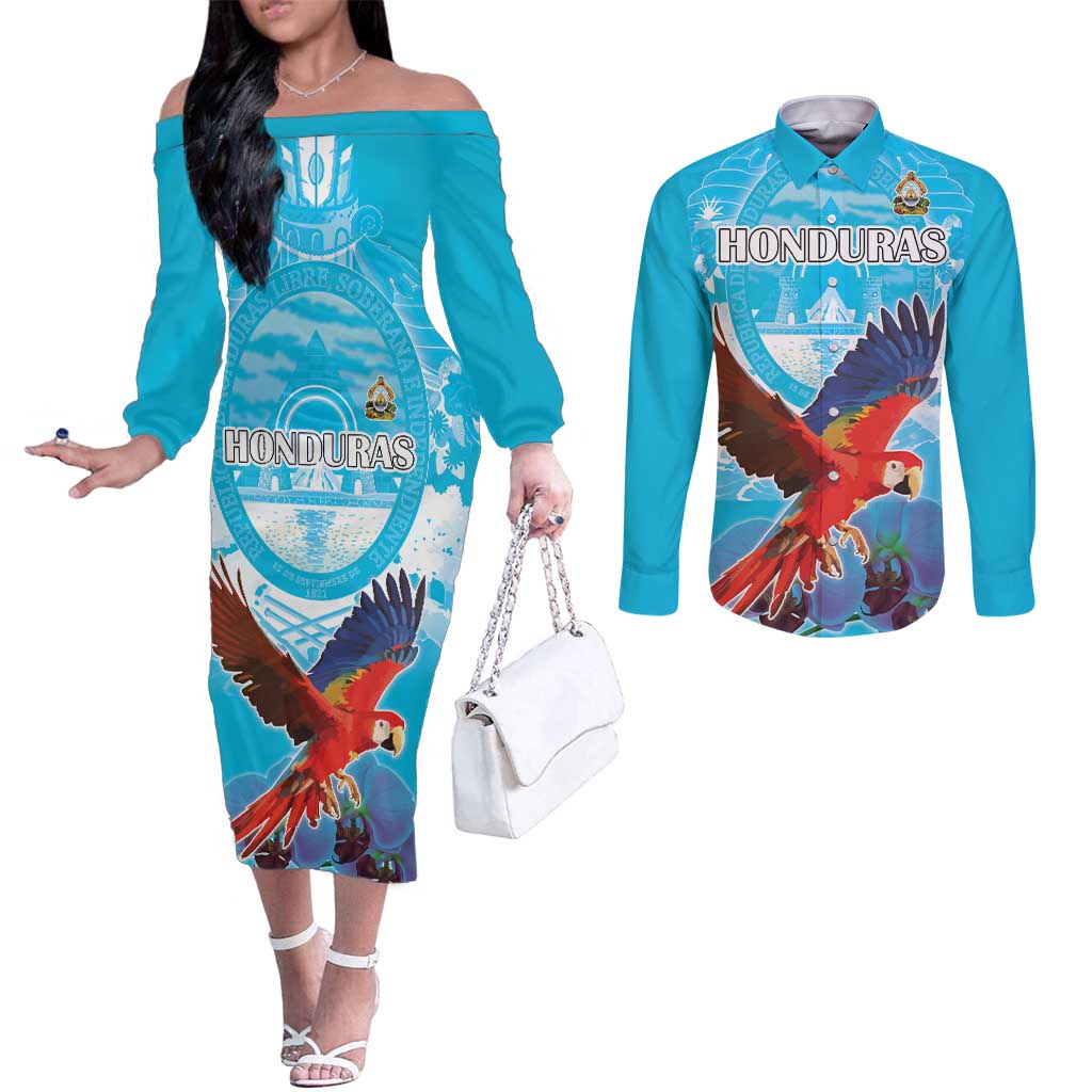 Custom Honduras Independence Day Couples Matching Off The Shoulder Long Sleeve Dress and Long Sleeve Button Shirt Scarlet Macaw With Orchid Flower