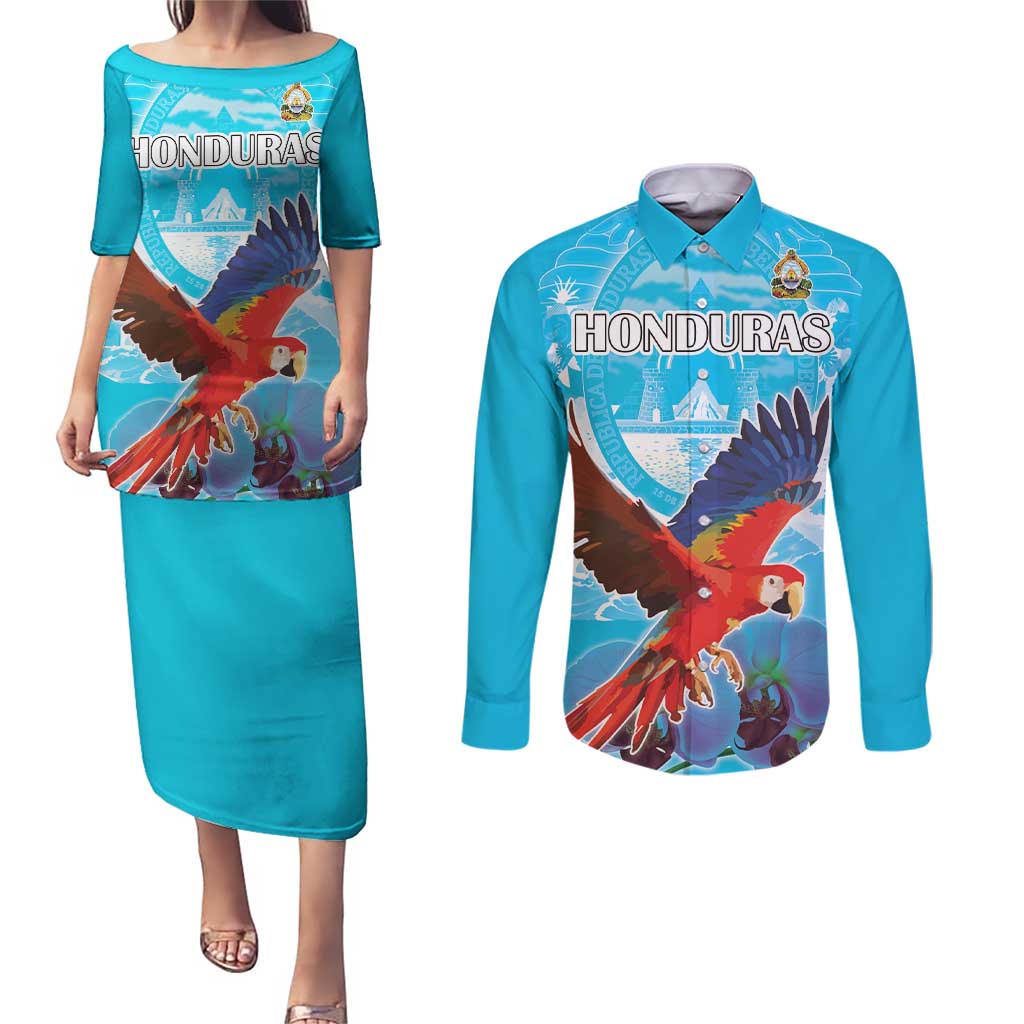 Custom Honduras Independence Day Couples Matching Puletasi and Long Sleeve Button Shirt Scarlet Macaw With Orchid Flower - Wonder Print Shop