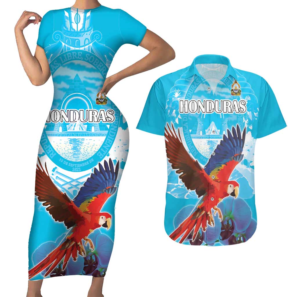 Custom Honduras Independence Day Couples Matching Short Sleeve Bodycon Dress and Hawaiian Shirt Scarlet Macaw With Orchid Flower - Wonder Print Shop