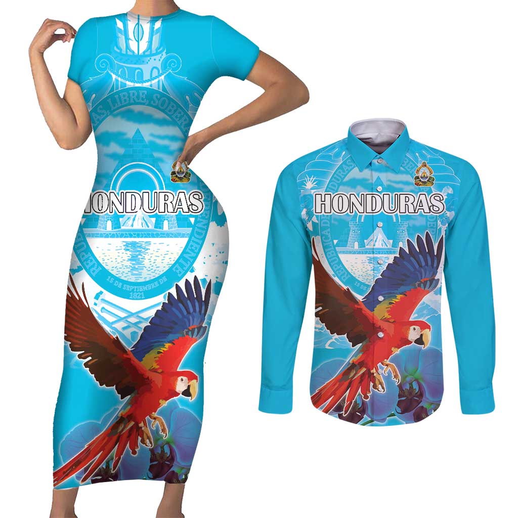 Custom Honduras Independence Day Couples Matching Short Sleeve Bodycon Dress and Long Sleeve Button Shirt Scarlet Macaw With Orchid Flower - Wonder Print Shop