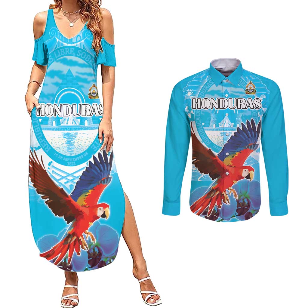 Custom Honduras Independence Day Couples Matching Summer Maxi Dress and Long Sleeve Button Shirt Scarlet Macaw With Orchid Flower - Wonder Print Shop