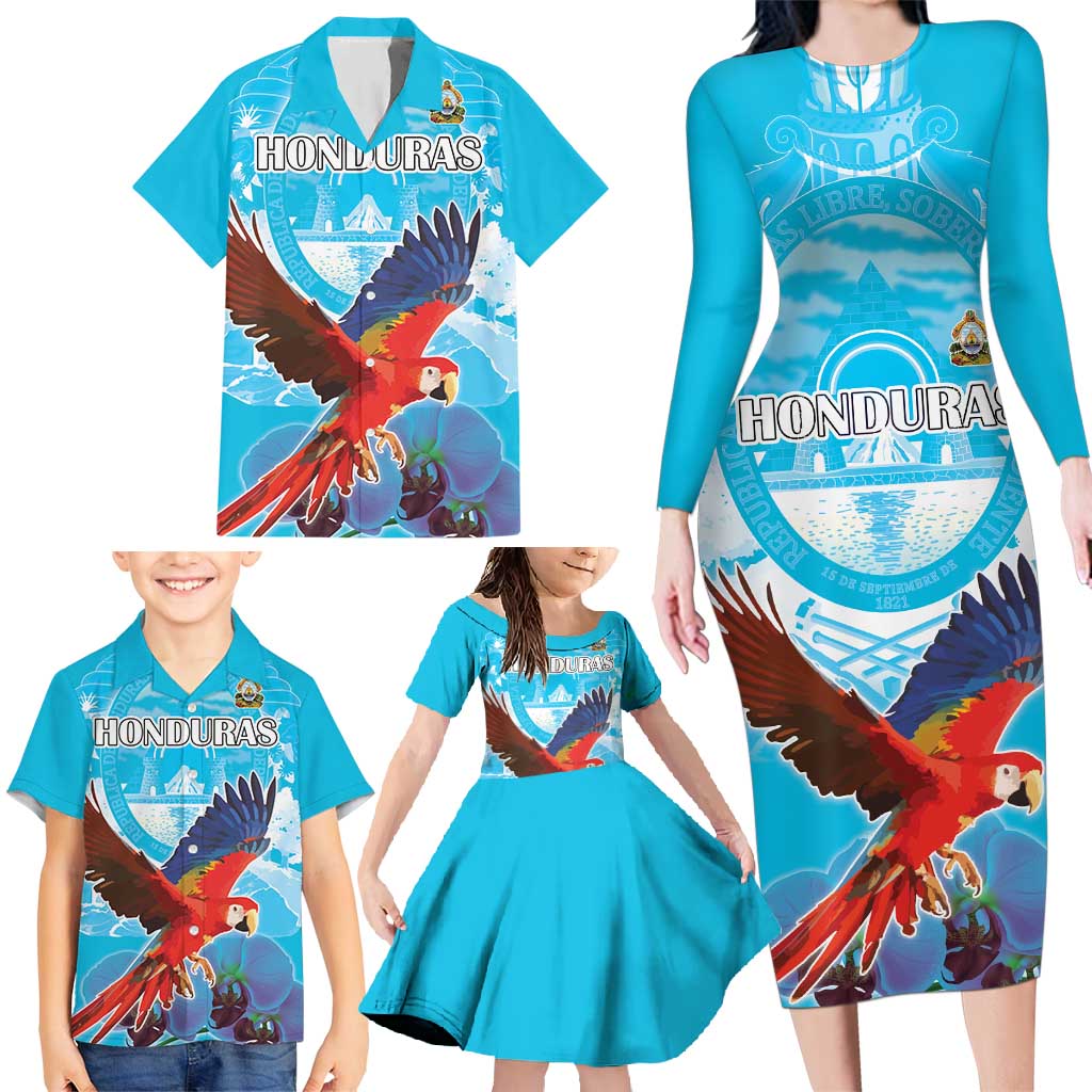 Custom Honduras Independence Day Family Matching Long Sleeve Bodycon Dress and Hawaiian Shirt Scarlet Macaw With Orchid Flower - Wonder Print Shop