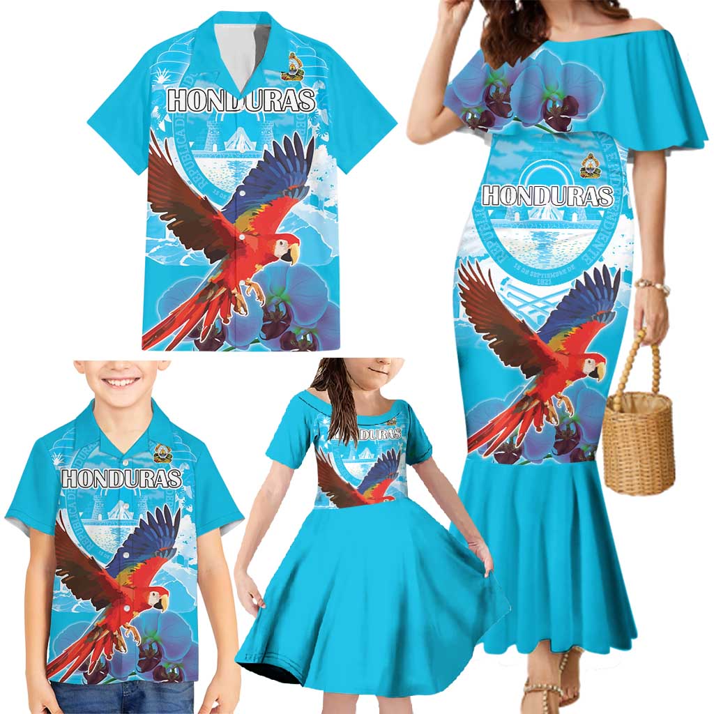 Custom Honduras Independence Day Family Matching Mermaid Dress and Hawaiian Shirt Scarlet Macaw With Orchid Flower - Wonder Print Shop