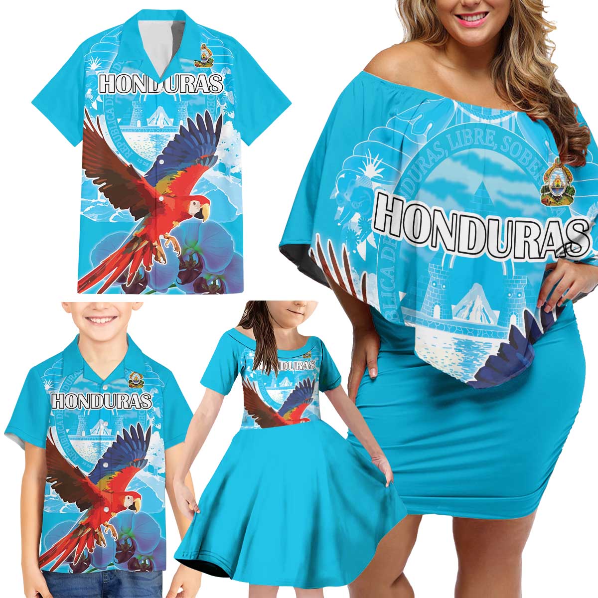 Custom Honduras Independence Day Family Matching Off Shoulder Short Dress and Hawaiian Shirt Scarlet Macaw With Orchid Flower - Wonder Print Shop