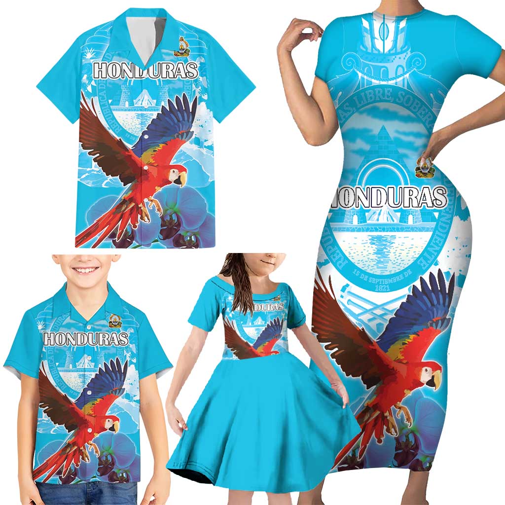 Custom Honduras Independence Day Family Matching Short Sleeve Bodycon Dress and Hawaiian Shirt Scarlet Macaw With Orchid Flower - Wonder Print Shop