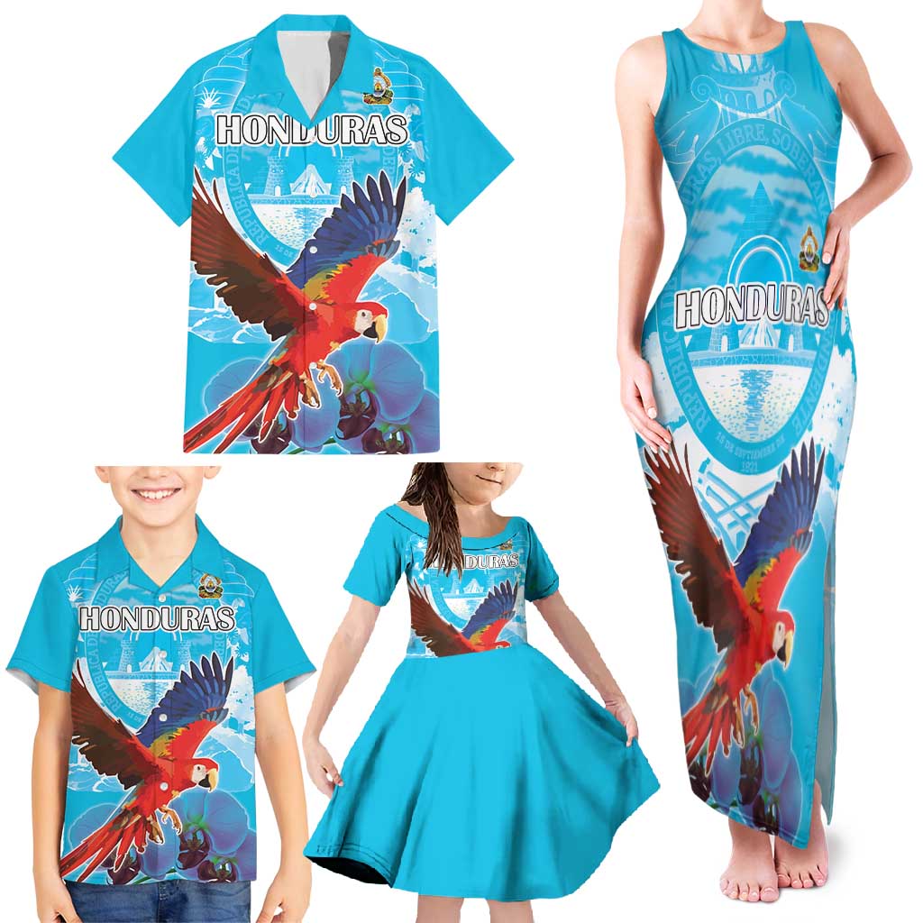 Custom Honduras Independence Day Family Matching Tank Maxi Dress and Hawaiian Shirt Scarlet Macaw With Orchid Flower - Wonder Print Shop