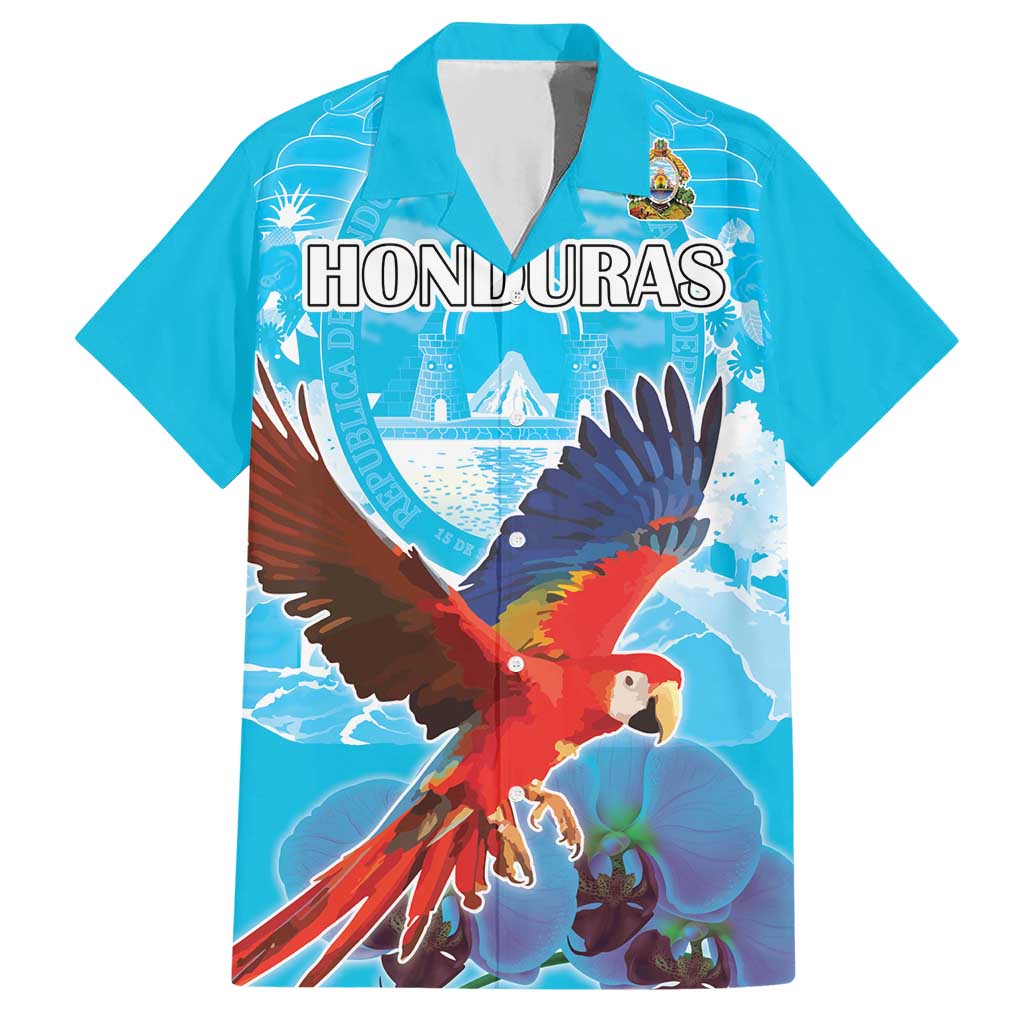 Custom Honduras Independence Day Hawaiian Shirt Scarlet Macaw With Orchid Flower - Wonder Print Shop