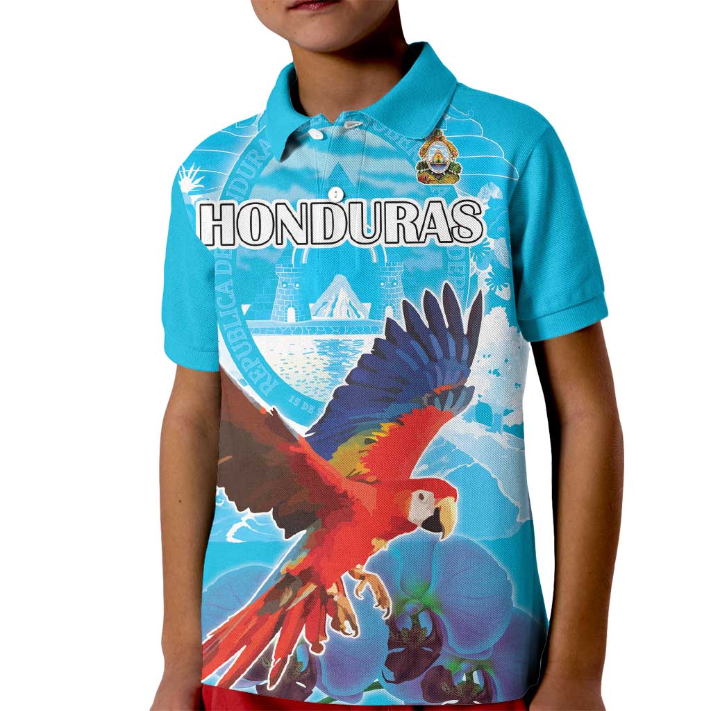 Custom Honduras Independence Day Kid Polo Shirt Scarlet Macaw With Orchid Flower - Wonder Print Shop