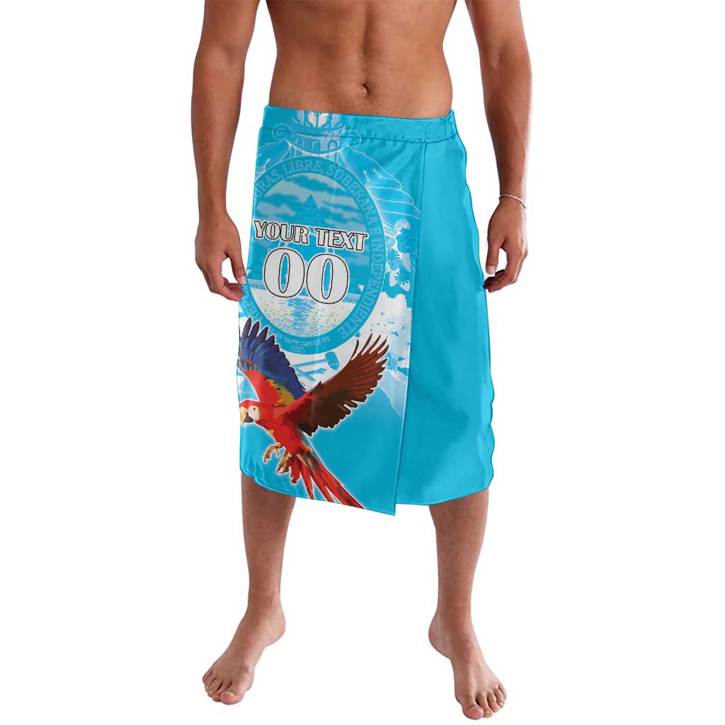 Turquoise sarong-style shorts with large bird print and circular 'Your Text 00' panel