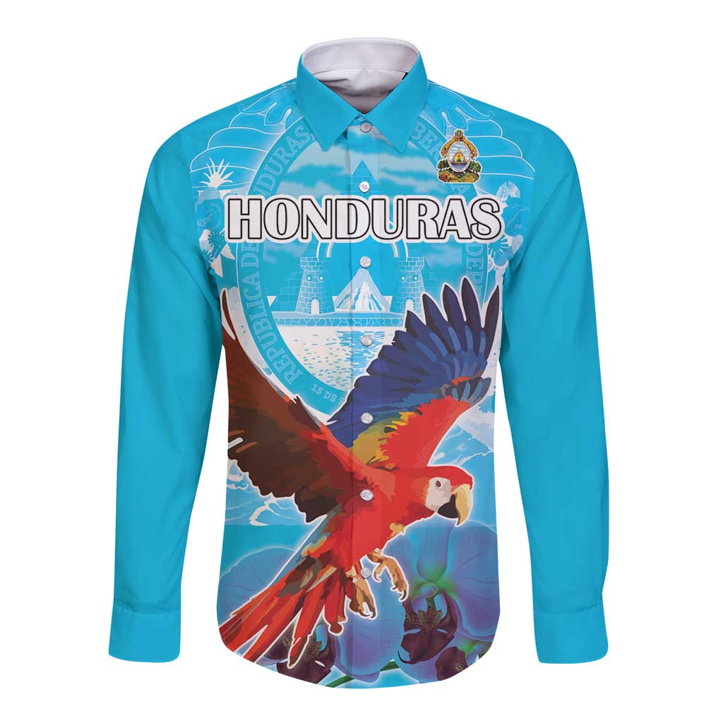 Unisex long-sleeve button shirt, blue, front graphic of macaw with city badge