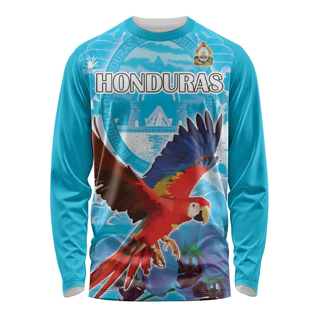 Custom Honduras Independence Day Long Sleeve Shirt Scarlet Macaw With Orchid Flower - Wonder Print Shop