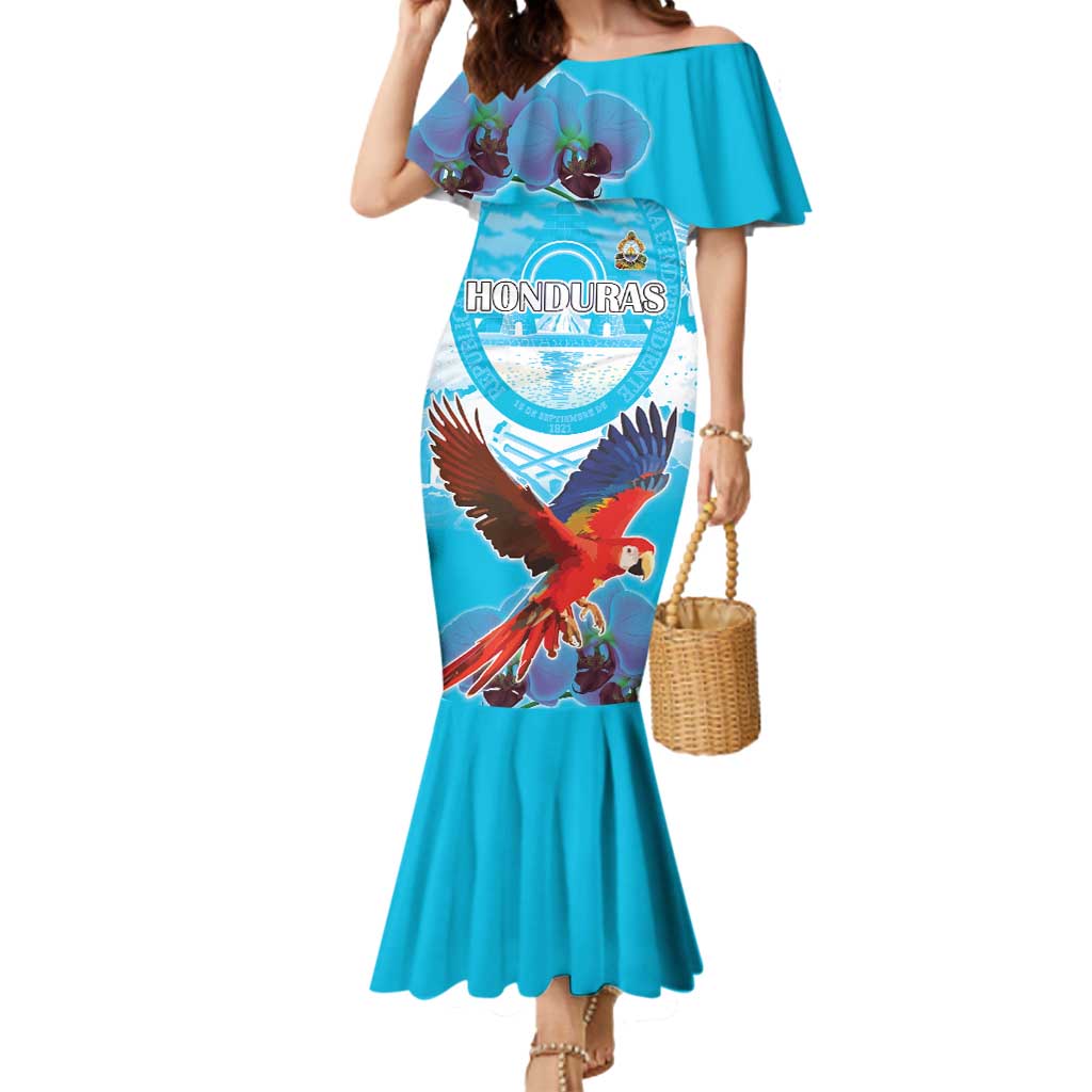 Custom Honduras Independence Day Mermaid Dress Scarlet Macaw With Orchid Flower - Wonder Print Shop