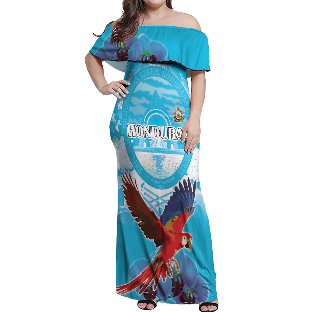 Custom Honduras Independence Day Off Shoulder Maxi Dress Scarlet Macaw With Orchid Flower - Wonder Print Shop