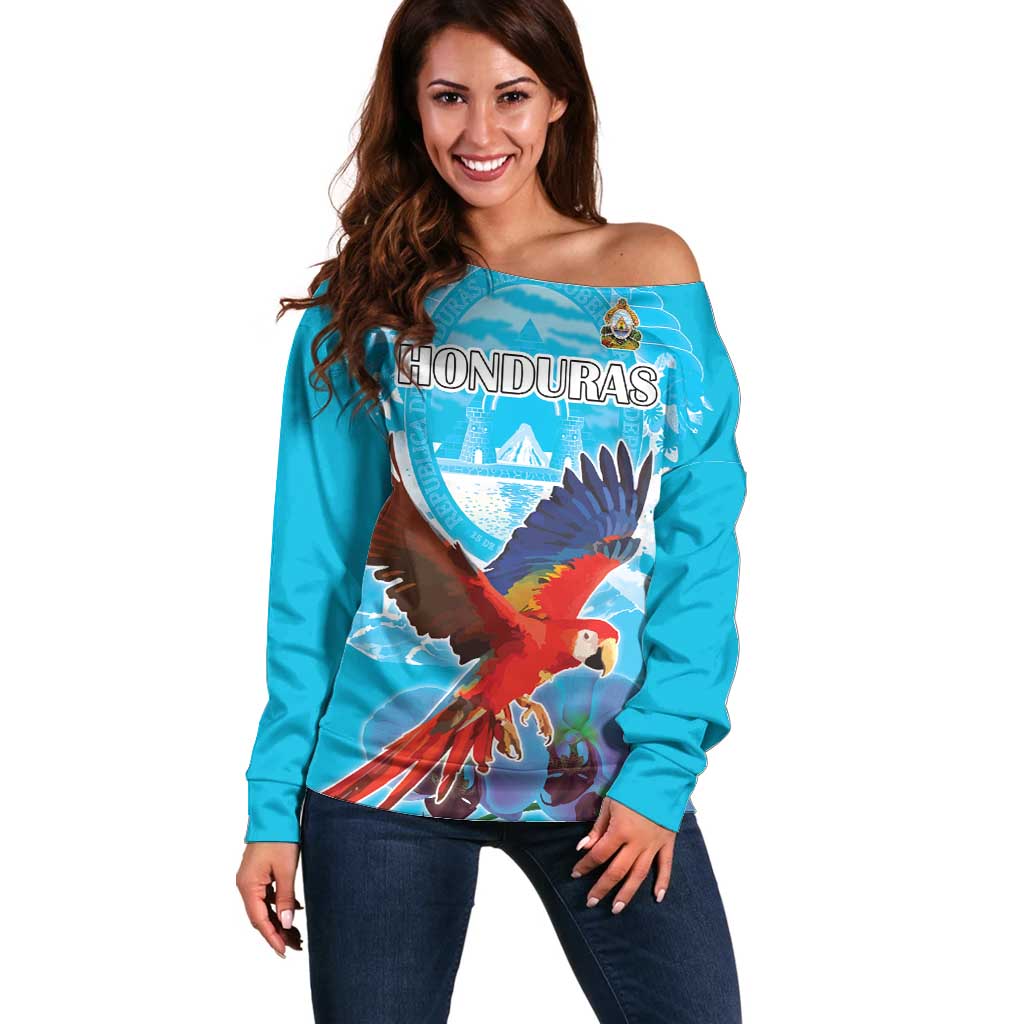 Custom Honduras Independence Day Off Shoulder Sweater Scarlet Macaw With Orchid Flower - Wonder Print Shop