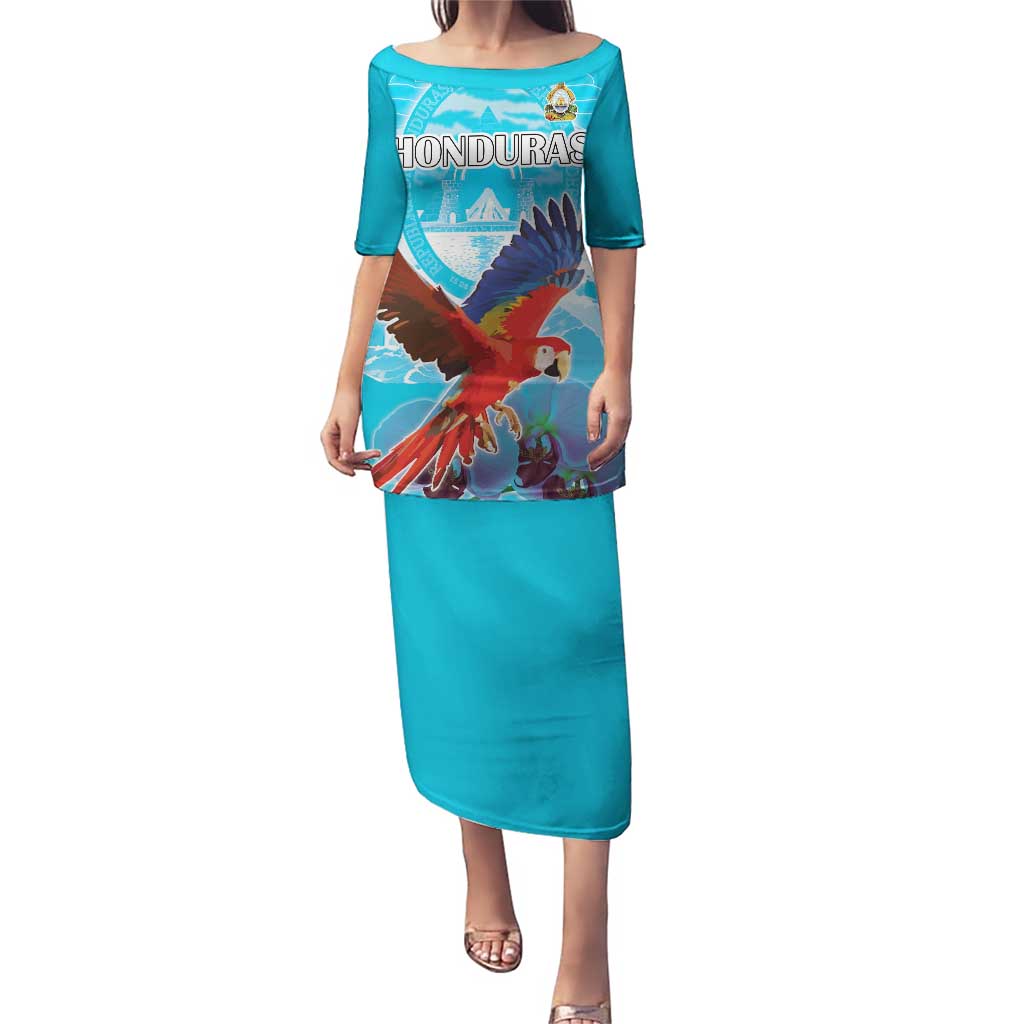 Custom Honduras Independence Day Puletasi Scarlet Macaw With Orchid Flower - Wonder Print Shop