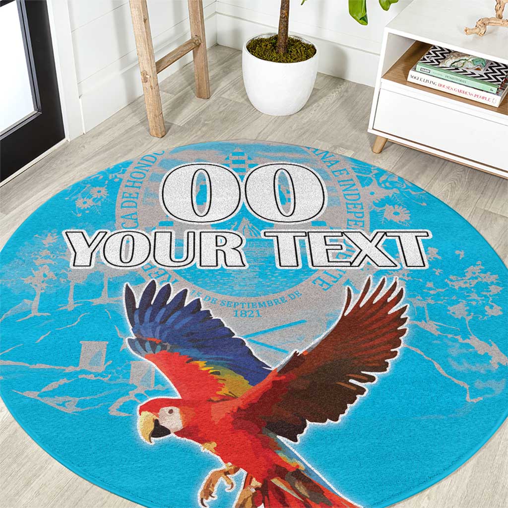 Round blue rug with red macaw graphic and customizable 'YOUR TEXT' print
