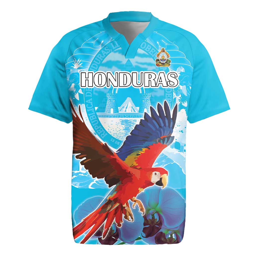 Custom Honduras Independence Day Rugby Jersey Scarlet Macaw With Orchid Flower - Wonder Print Shop