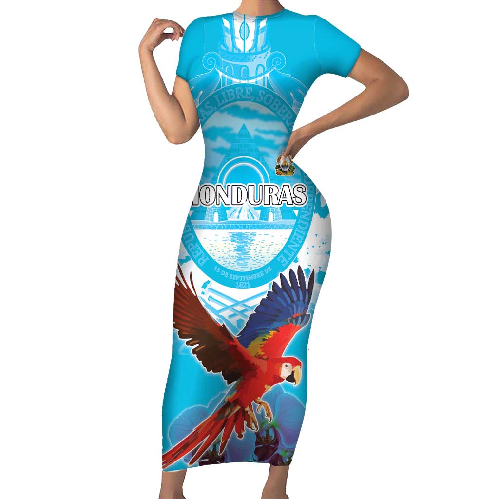 Custom Honduras Independence Day Short Sleeve Bodycon Dress Scarlet Macaw With Orchid Flower - Wonder Print Shop