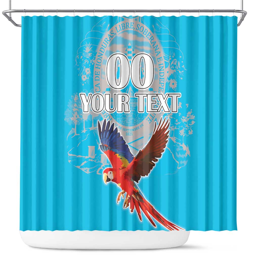 Blue shower curtain with flying macaw, circular crest, and customizable “Your Text” panel