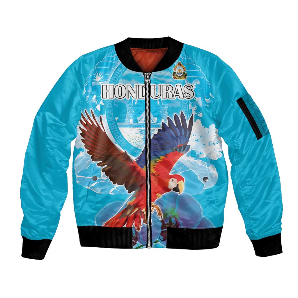 Custom Honduras Independence Day Sleeve Zip Bomber Jacket Scarlet Macaw With Orchid Flower - Wonder Print Shop