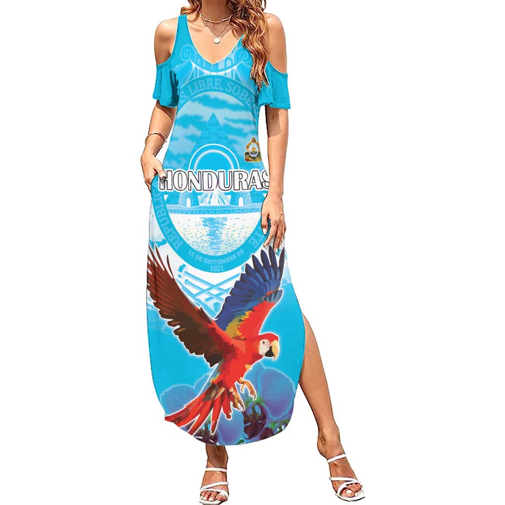 Custom Honduras Independence Day Summer Maxi Dress Scarlet Macaw With Orchid Flower - Wonder Print Shop