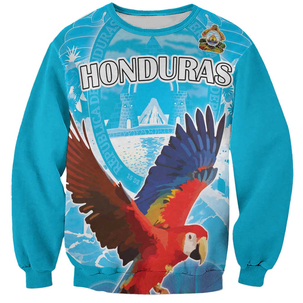 Unisex blue sweatshirt with HONDURAS graphic and red macaw bird front