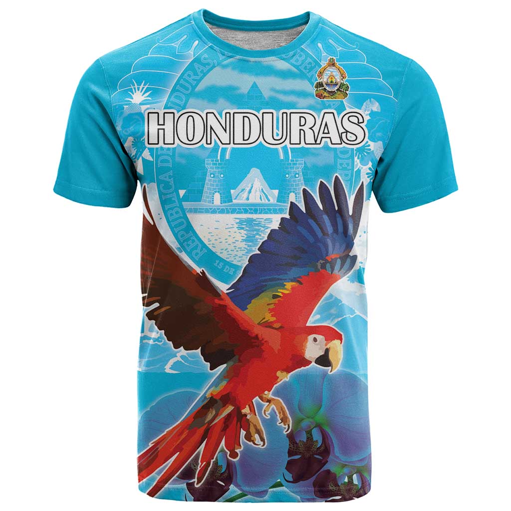 Custom Honduras Independence Day T Shirt Scarlet Macaw With Orchid Flower - Wonder Print Shop