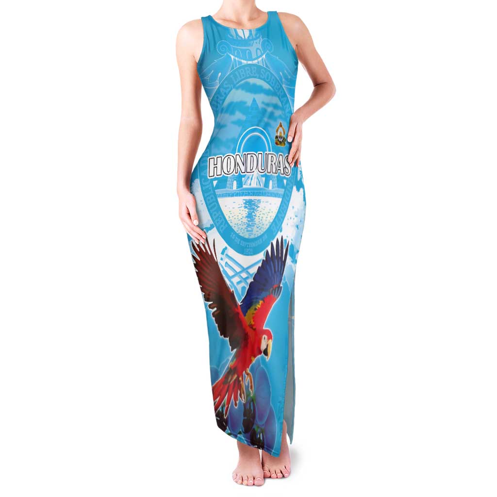 Custom Honduras Independence Day Tank Maxi Dress Scarlet Macaw With Orchid Flower - Wonder Print Shop