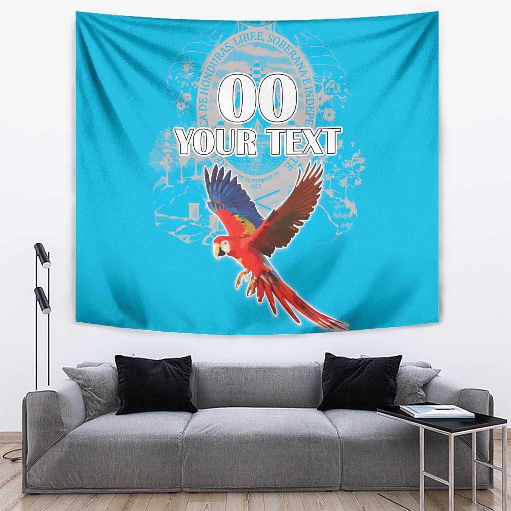 Blue tapestry showing a flying macaw graphic with customizable “00 YOUR TEXT”
