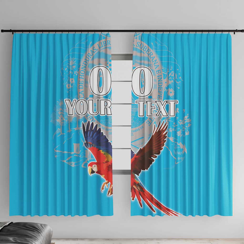 Blue window curtain with macaw heart-style graphic and “YOUR TEXT”